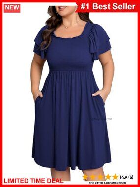 Smocked Midi Plus Size Dress Ruffle Neck Short Sleeve Casual Work Party